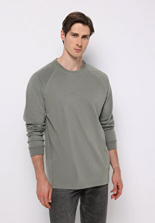 Comfort Fit Yuvarlak Yaka Düz Erkek Yeşil Uzun Kol Tişört