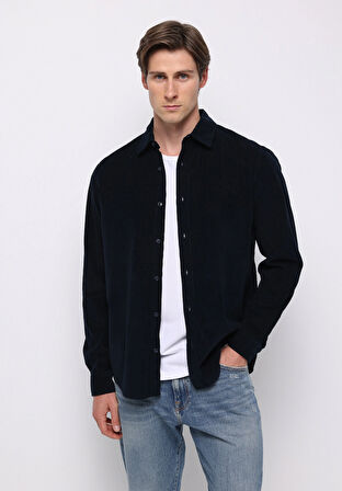 Regular Fit Shirt Neck Düz Erkek Lacivert Uzun Kol Gömlek