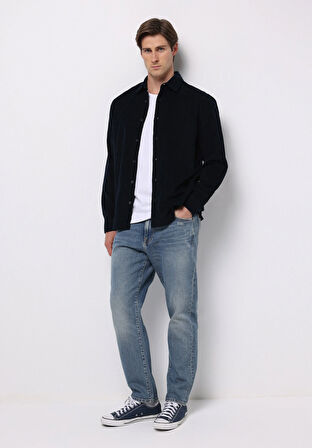 Regular Fit Shirt Neck Düz Erkek Lacivert Uzun Kol Gömlek