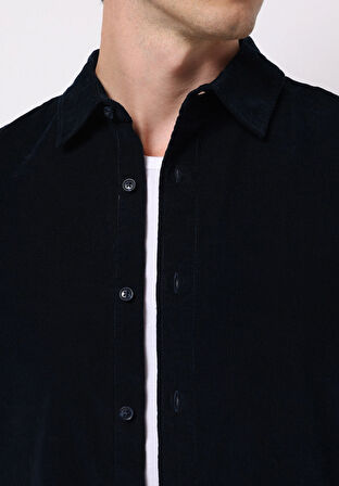 Regular Fit Shirt Neck Düz Erkek Lacivert Uzun Kol Gömlek