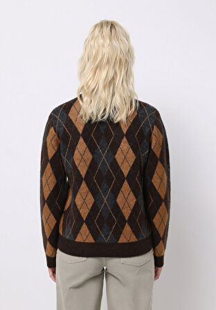 Regular Fit Yuvarlak Yaka Baskılı Kadın Kahverengi Kazak