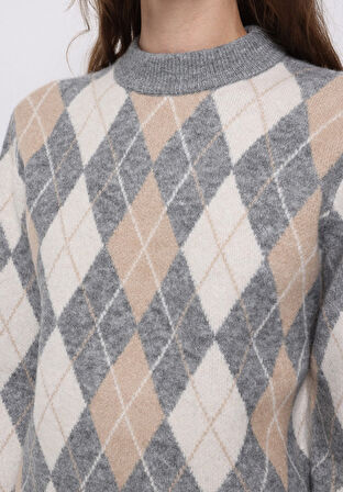 Regular Fit Yuvarlak Yaka Baskılı Kadın Gri Kazak