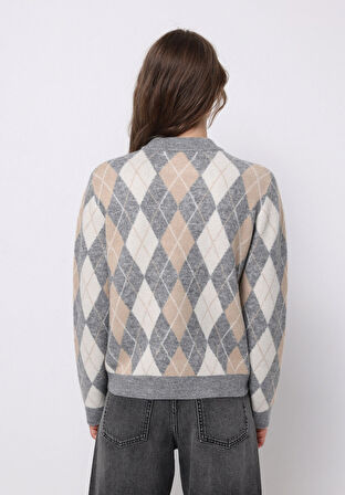 Regular Fit Yuvarlak Yaka Baskılı Kadın Gri Kazak