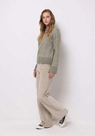 Regular Fit Yuvarlak Yaka Düz Kadın Yeşil Kazak