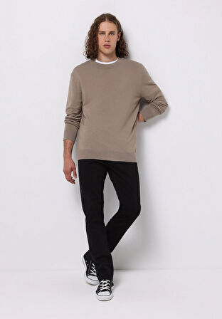 Regular Fit Yuvarlak Yaka Jakarlı Erkek Bej Kazak