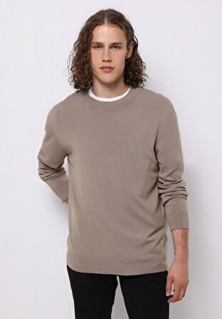 Regular Fit Yuvarlak Yaka Jakarlı Erkek Bej Kazak