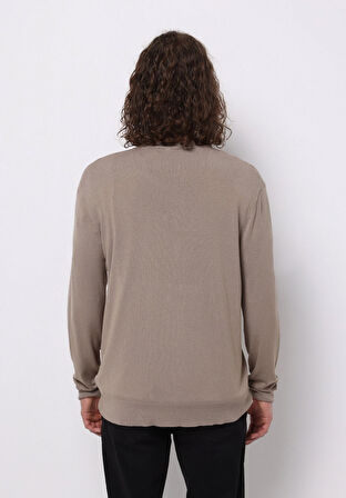 Regular Fit Yuvarlak Yaka Jakarlı Erkek Bej Kazak