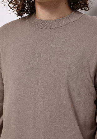 Regular Fit Yuvarlak Yaka Jakarlı Erkek Bej Kazak