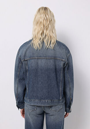 Oversize Fit Düğmeli Astarsız  Kadın Mavi Ceket