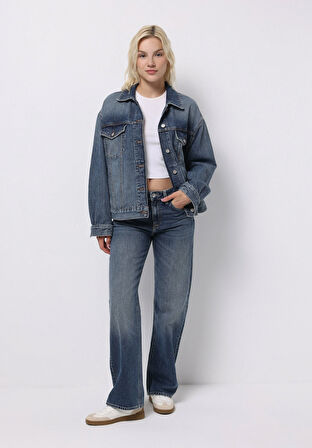 Oversize Fit Düğmeli Astarsız  Kadın Mavi Ceket