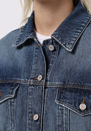 Oversize Fit Düğmeli Astarsız  Kadın Mavi Ceket