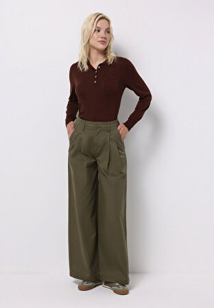 Regular Fit Orta Bel Geniş Paça Kadın Yeşil  Pantolon
