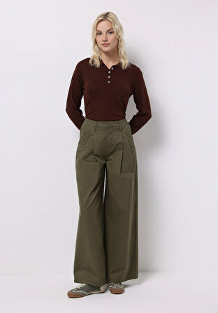 Regular Fit Orta Bel Geniş Paça Kadın Yeşil  Pantolon