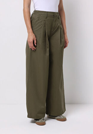 Regular Fit Orta Bel Geniş Paça Kadın Yeşil  Pantolon