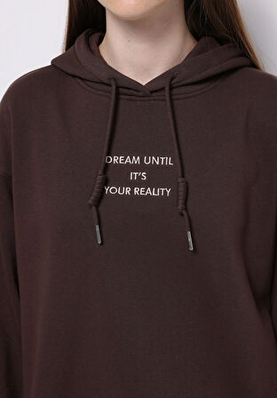 Regular Fit Kapüşonlu Nakışlı Kadın Kahverengi Sweatshirt