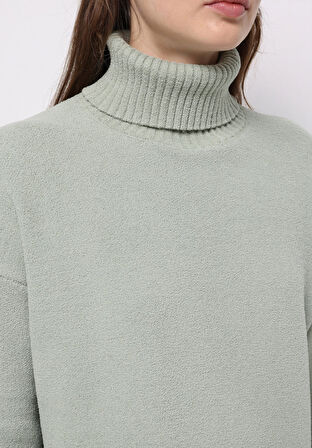 Regular Fit Balıkçı Yaka Düz Kadın Yeşil Kazak