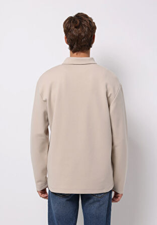 Comfort Fit Polo Yaka Düz Erkek Bej Uzun Kol Tişört