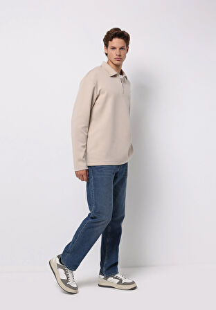 Comfort Fit Polo Yaka Düz Erkek Bej Uzun Kol Tişört