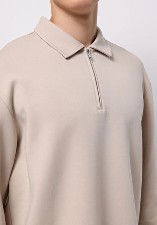 Comfort Fit Polo Yaka Düz Erkek Bej Uzun Kol Tişört
