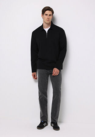 Comfort Fit Polo Yaka Düz Erkek Siyah Uzun Kol Tişört