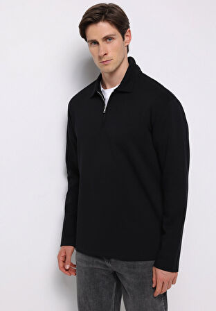 Comfort Fit Polo Yaka Düz Erkek Siyah Uzun Kol Tişört