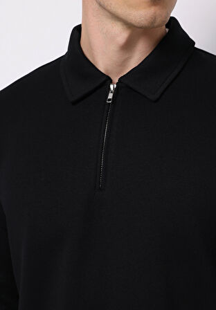 Comfort Fit Polo Yaka Düz Erkek Siyah Uzun Kol Tişört