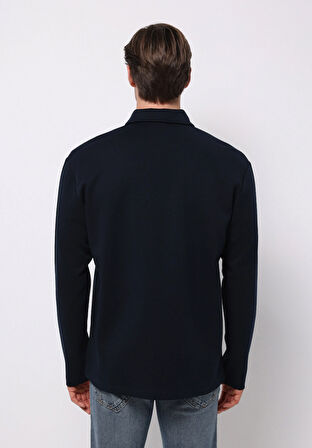 Comfort Fit Polo Yaka Düz Erkek Lacivert Uzun Kol Tişört