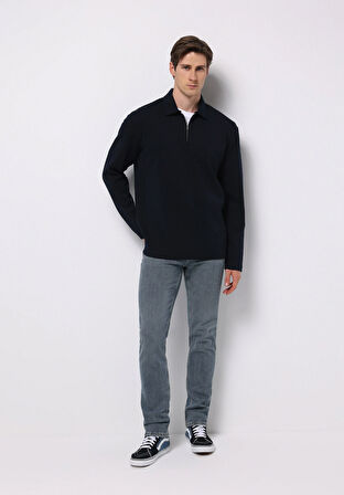 Comfort Fit Polo Yaka Düz Erkek Lacivert Uzun Kol Tişört