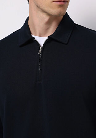 Comfort Fit Polo Yaka Düz Erkek Lacivert Uzun Kol Tişört