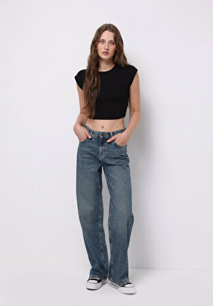 Regular Fit Yüksel Bel Geniş Paça Kadın Siyah Jean Pantolon