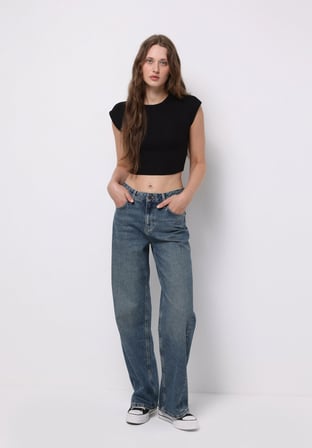 Regular Fit Yüksel Bel Geniş Paça Kadın Siyah Jean Pantolon