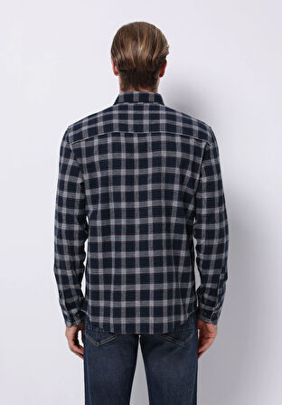 Slim Fit Shirt Neck Ekoseli Erkek Lacivert Uzun Kol Gömlek