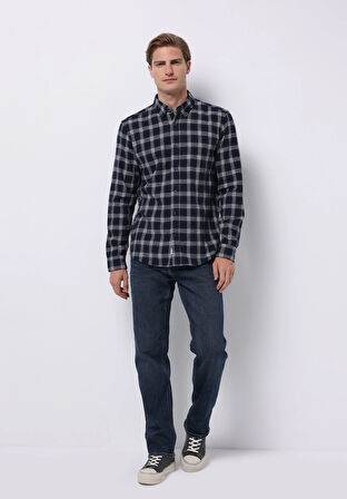 Slim Fit Shirt Neck Ekoseli Erkek Lacivert Uzun Kol Gömlek