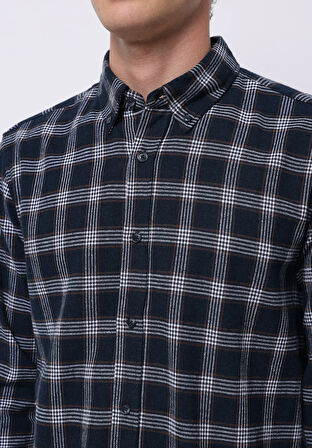 Slim Fit Shirt Neck Ekoseli Erkek Lacivert Uzun Kol Gömlek