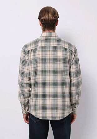 Regular Fit Shirt Neck Ekoseli Erkek Bej Uzun Kol Gömlek