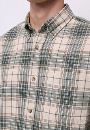 Regular Fit Shirt Neck Ekoseli Erkek Bej Uzun Kol Gömlek