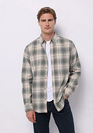 Regular Fit Shirt Neck Ekoseli Erkek Bej Uzun Kol Gömlek