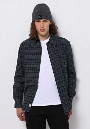 Regular Fit Shirt Neck Ekoseli Erkek Lacivert Uzun Kol Gömlek