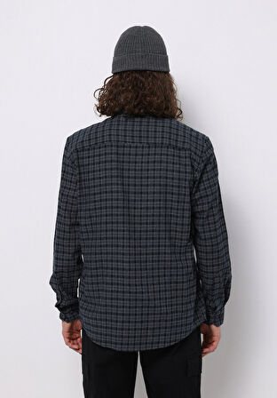 Regular Fit Shirt Neck Ekoseli Erkek Lacivert Uzun Kol Gömlek