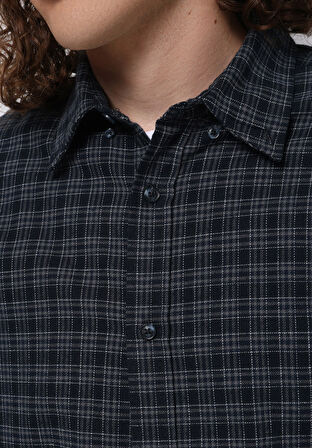 Regular Fit Shirt Neck Ekoseli Erkek Lacivert Uzun Kol Gömlek