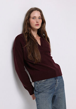 Regular Fit Polo Yaka Düz Kadın Mor Kazak