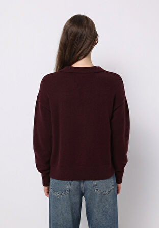 Regular Fit Polo Yaka Düz Kadın Mor Kazak