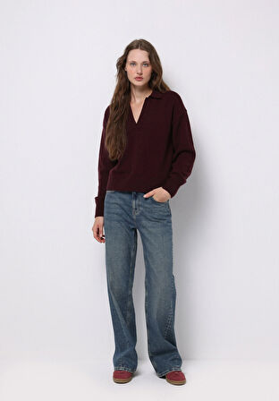 Regular Fit Polo Yaka Düz Kadın Mor Kazak