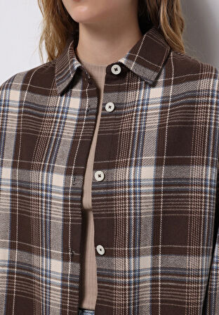 Regular Fit Shirt Neck Ekoseli Kadın Kahverengi Uzun Kol Gömlek