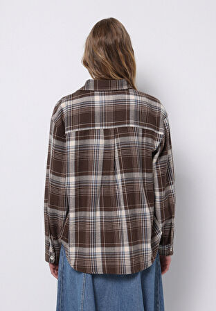 Regular Fit Shirt Neck Ekoseli Kadın Kahverengi Uzun Kol Gömlek