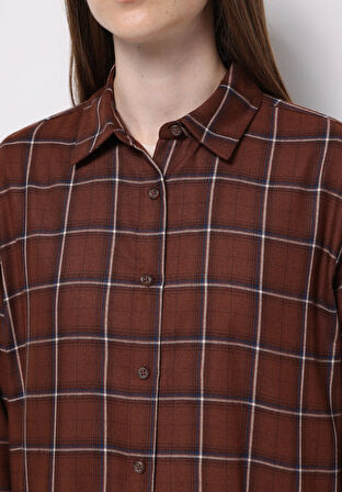 Regular Fit Shirt Neck Ekoseli Kadın Kahverengi Uzun Kol Gömlek