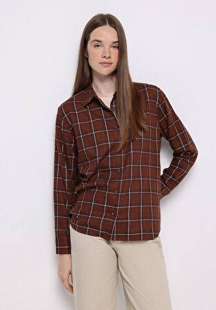 Regular Fit Shirt Neck Ekoseli Kadın Kahverengi Uzun Kol Gömlek