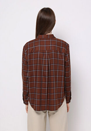 Regular Fit Shirt Neck Ekoseli Kadın Kahverengi Uzun Kol Gömlek