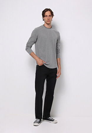 Regular Fit Yuvarlak Yaka Düz Erkek Gri Uzun Kol Tişört