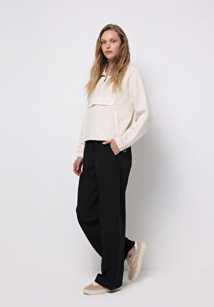 Regular Fit Düşük Bel Geniş Paça Kadın Siyah  Pantolon